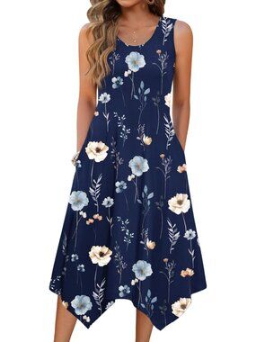 🆕Women's Navy Blue Summer Tank Dress Loose Flowy Beach Dress  Flare Midi Dress